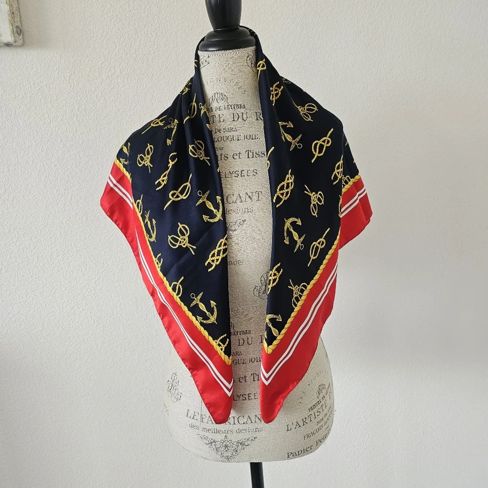 Vintage Made in Italy Nautical Anchor Rope Print Square Scarf Navy Red White